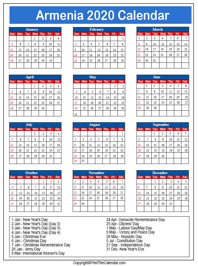 Armenia Printable Calendar 2020